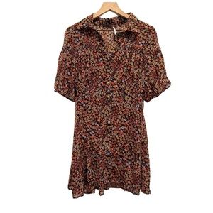 Free People Mini Dress Womens Size M Black Multi Floral Puff Sleeve Bohemian EUC